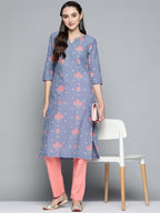 HERE&NOW Women Lavender & Pink Printed Pure Cotton Straight Kurta | Grocsy