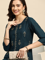 Sangria Teal Blue & Golden Embroidered Regular Kurta | Grocsy