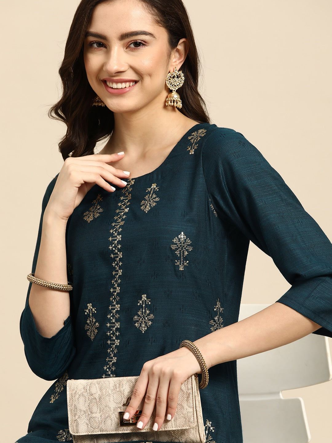 Sangria Teal Blue & Golden Embroidered Regular Kurta | Grocsy