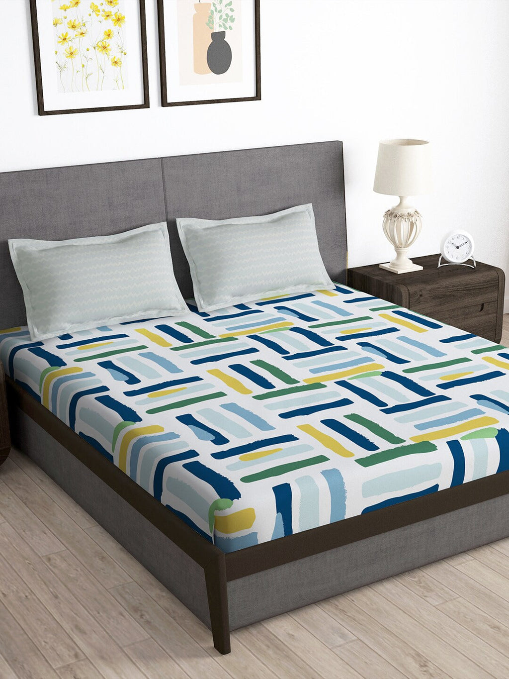 Story@home Arena White & Blue Geometric Printed 180 TC Queen Bedsheet & 2 Pillow Covers | Grocsy