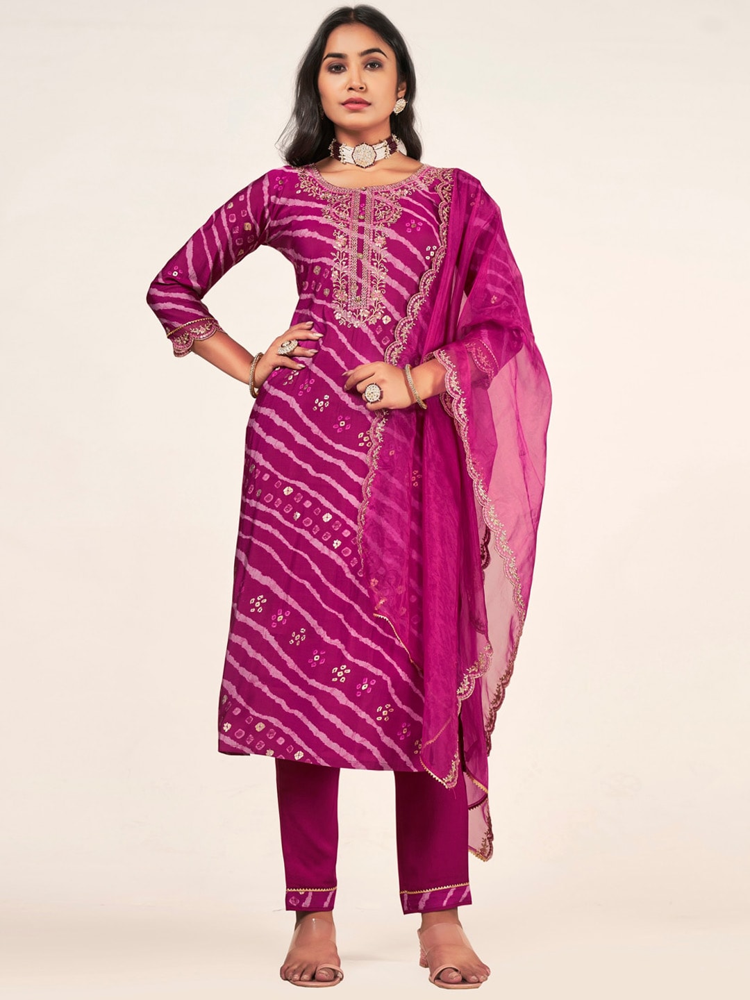 Sangria Leheriya Printed Embroidered Straight Kurta With Trousers & Dupatta | Grocsy