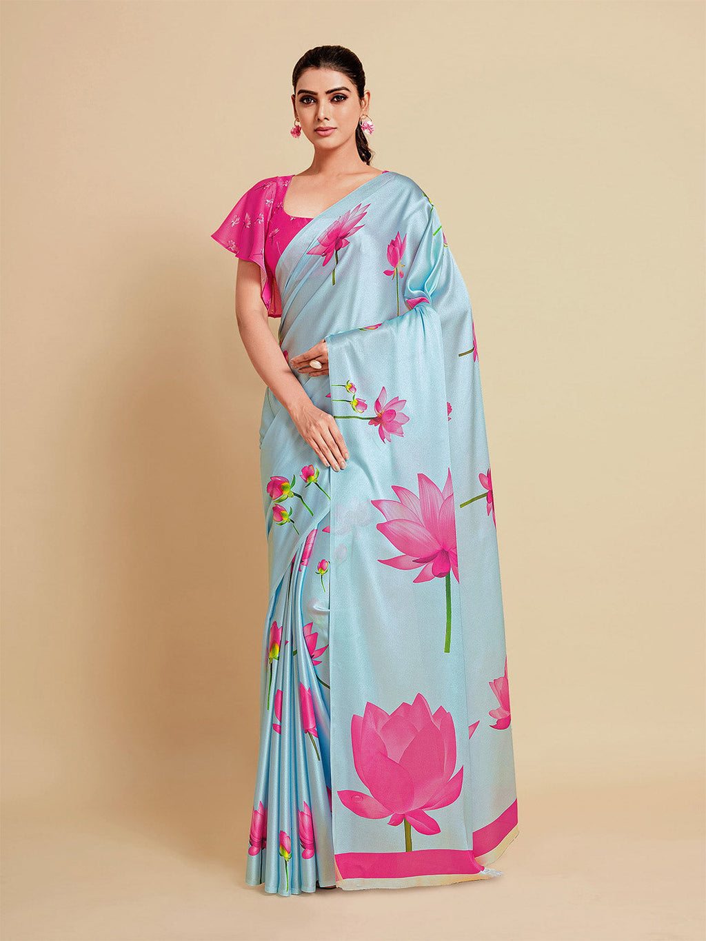 Sangria Turquoise Blue & Magenta Floral Zari Satin Saree | Grocsy