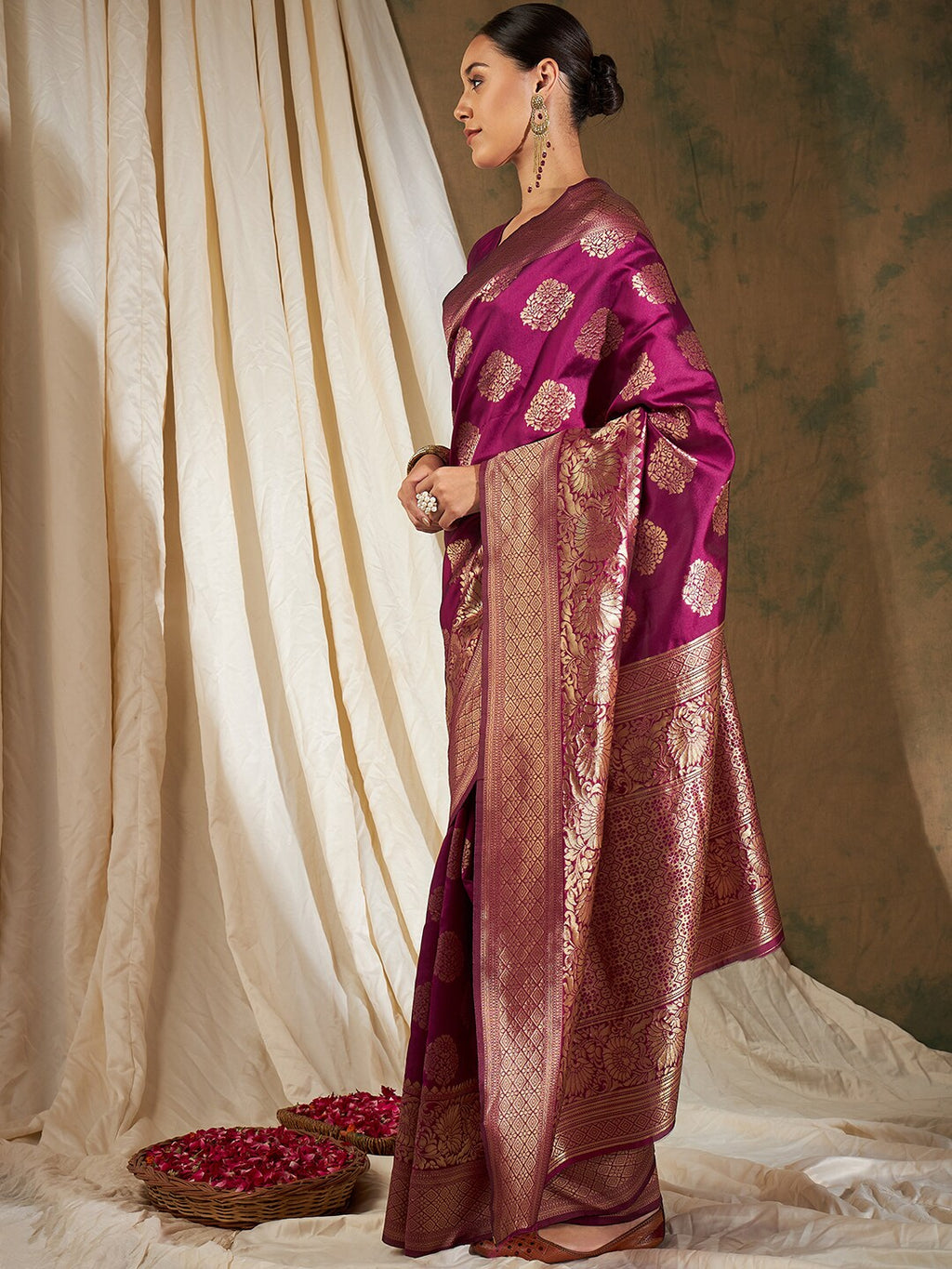 Sangria Burgundy & Gold-Toned Ethnic Motifs Woven Design Zari Silk Blend Banarasi Saree | Grocsy