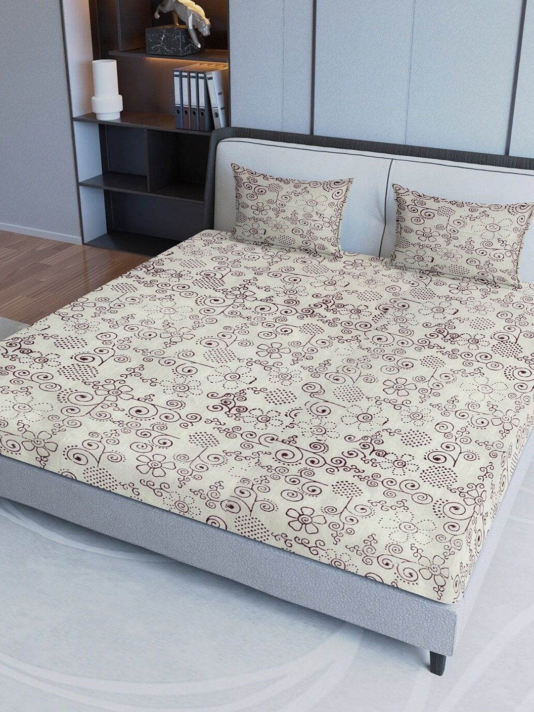 Sangria Maroon & Grey Ethnic Motif Printed 200TC Pure Cotton King Bedsheet Set | Grocsy