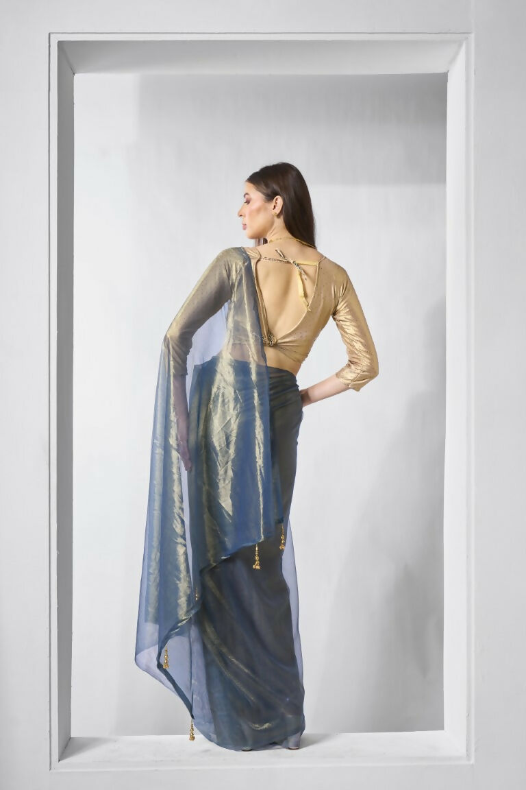 Blue Gold Tissue Net Solid & Gold Cotted Saree - Samaa | Grocsy