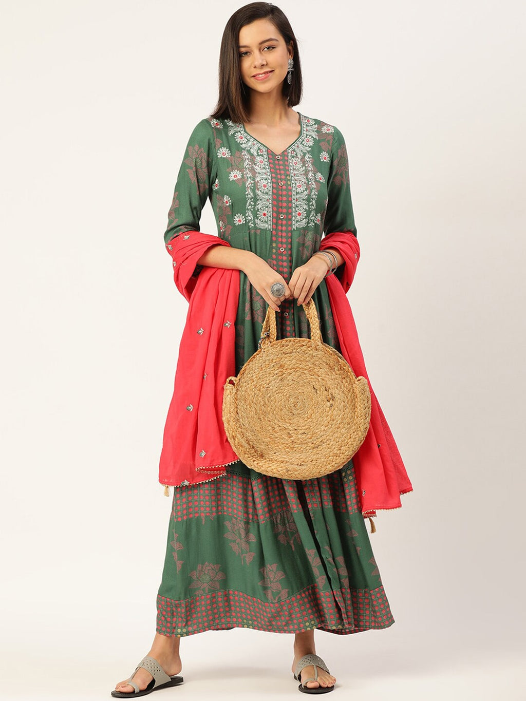 HERE&NOW Women Embroidered Kurta with Trousers & With Dupatta | Grocsy