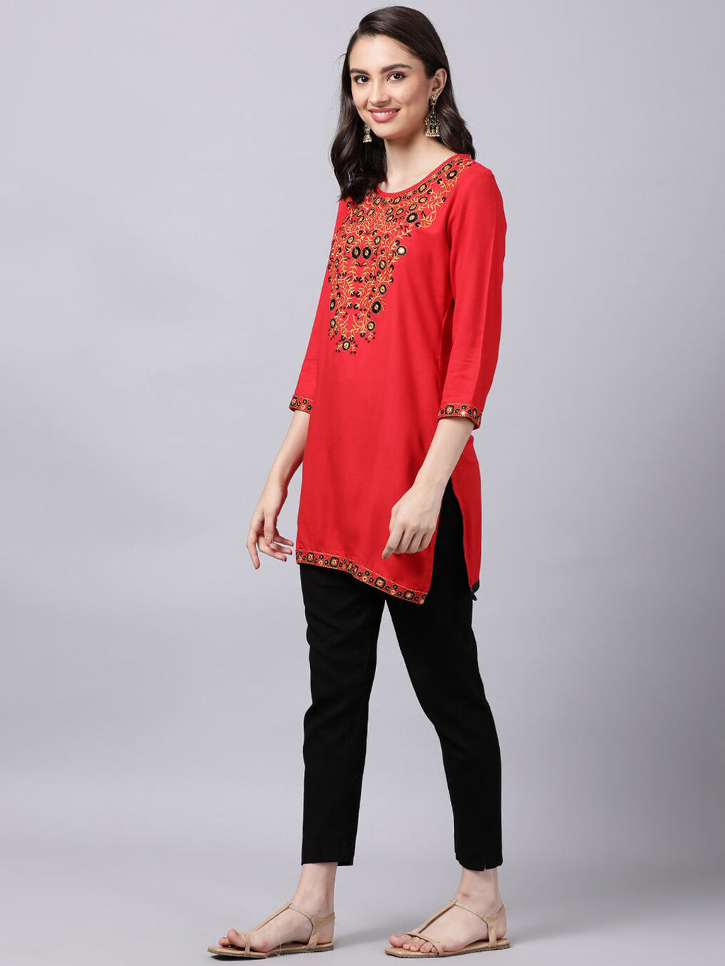 Souchii Women Red Yoke Design Thread Work Grandeur & Majestic Artwork Kurta | Grocsy