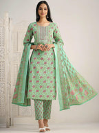 Sangria Floral Printed Gotta Patti Pure Cotton Kurta With Trouser & Dupatta | Grocsy