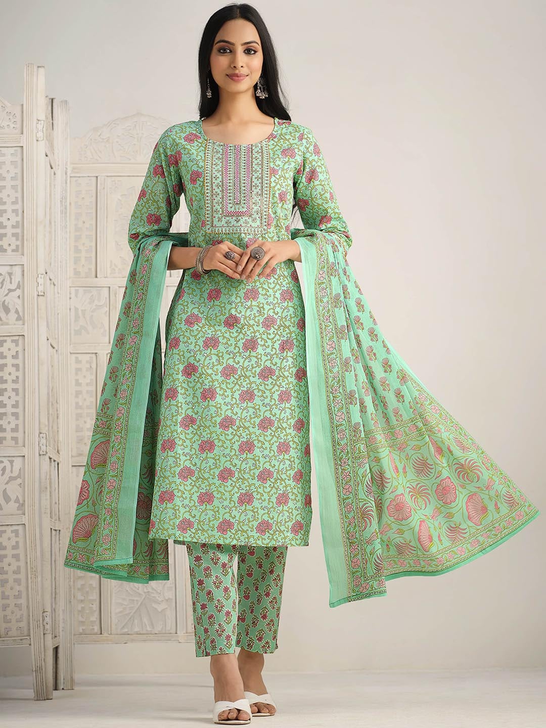 Sangria Floral Printed Gotta Patti Pure Cotton Kurta With Trouser & Dupatta | Grocsy