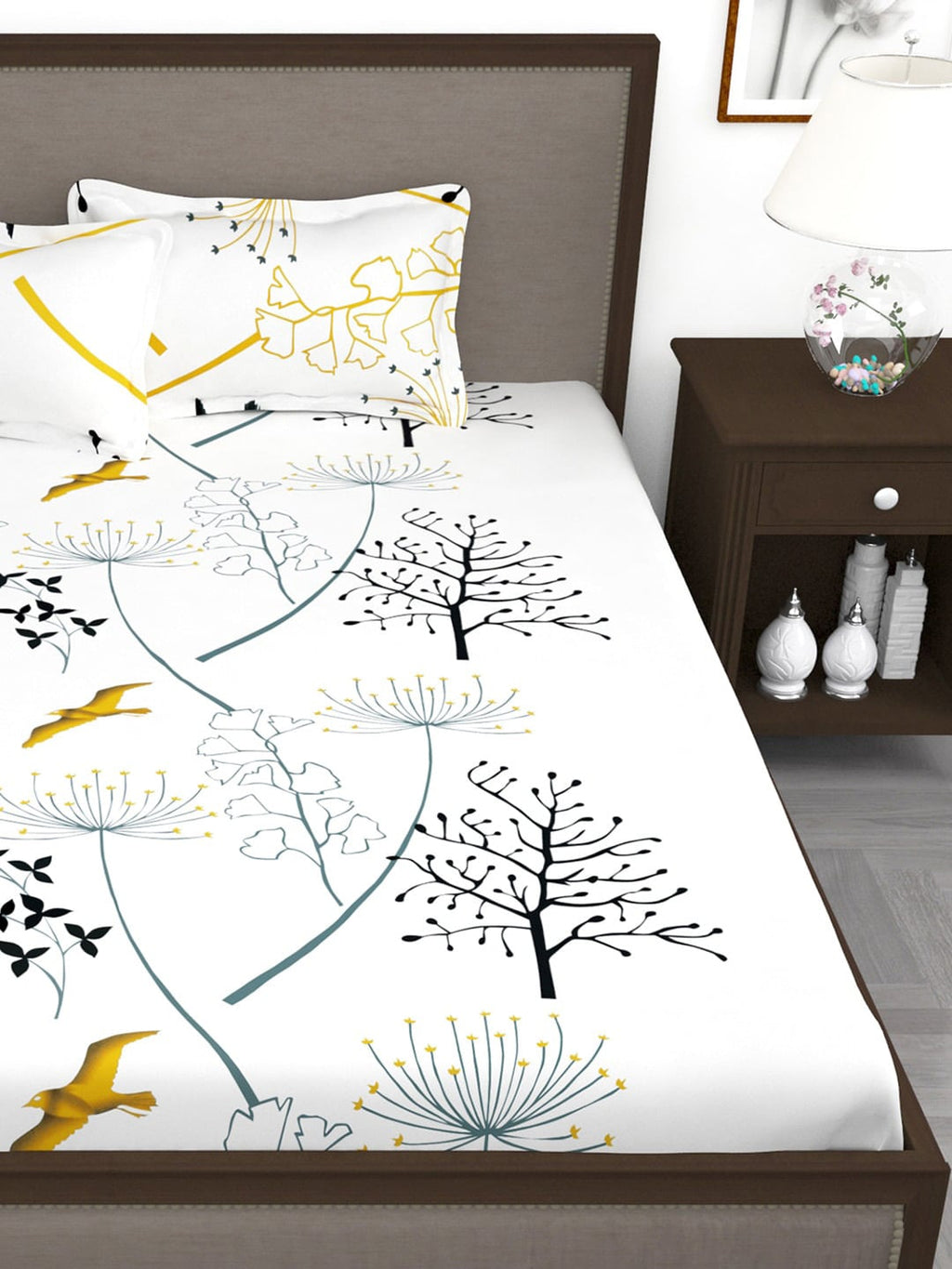 Story@home White & Blue Floral King Bedsheet with 2 Pillow Covers | Grocsy