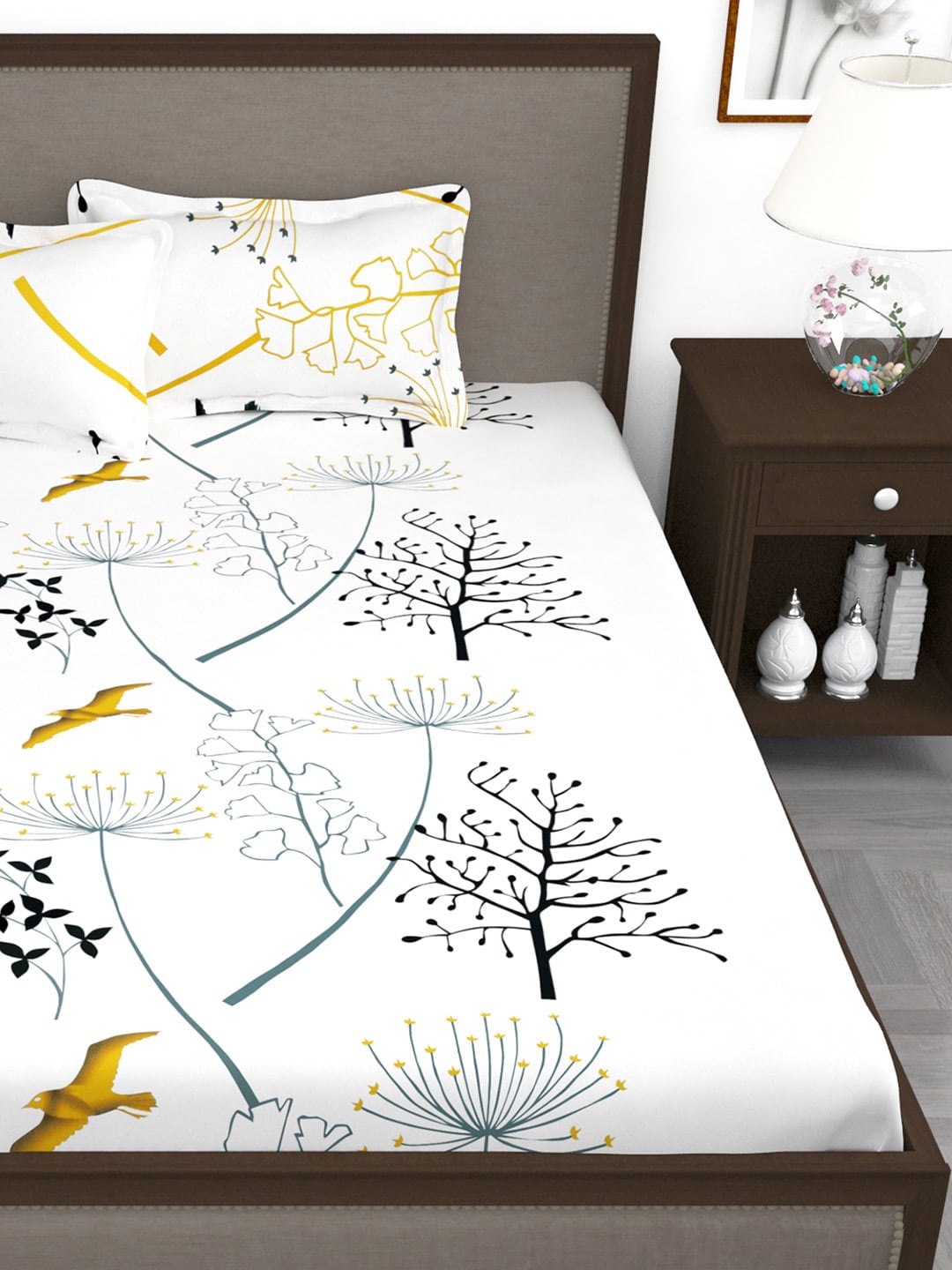 Story@home White & Blue Floral King Bedsheet with 2 Pillow Covers | Grocsy