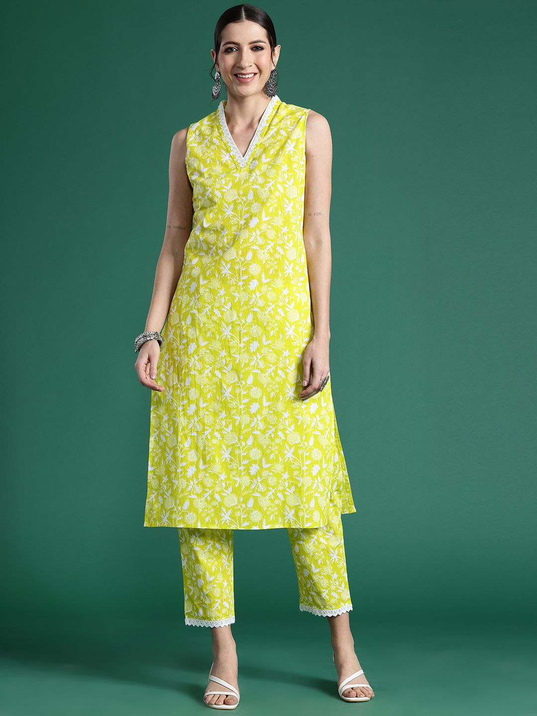 Indo Era Floral Printed Pure Cotton Kurta with Trousers | Grocsy