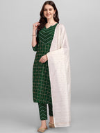 HERE&NOW Green & White Geometric Printed Pure Cotton Kurta With Trousers & Dupatta | Grocsy