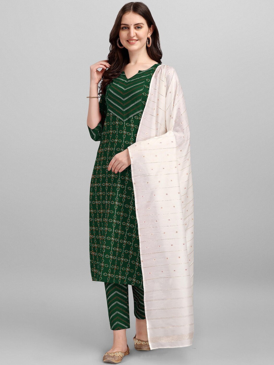 HERE&NOW Green & White Geometric Printed Pure Cotton Kurta With Trousers & Dupatta | Grocsy