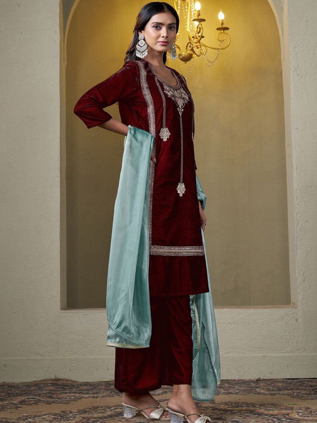 Sangria Floral Embroidered Round Neck Straight Velvet Kurta With Trousers & Dupatta | Grocsy