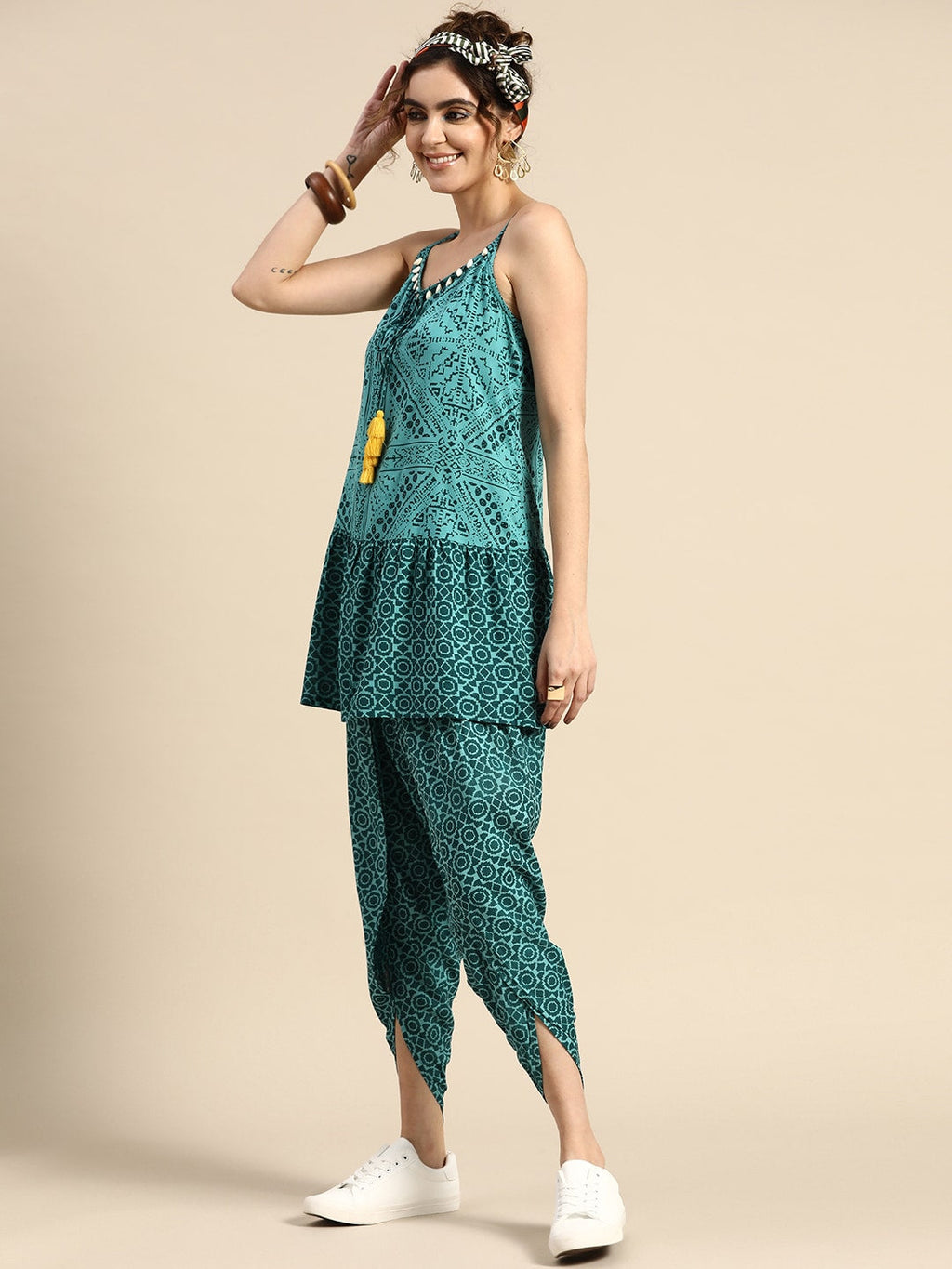 Sangria Printed Shoulder Straps A-Line Kurti with Dhoti Pants | Grocsy