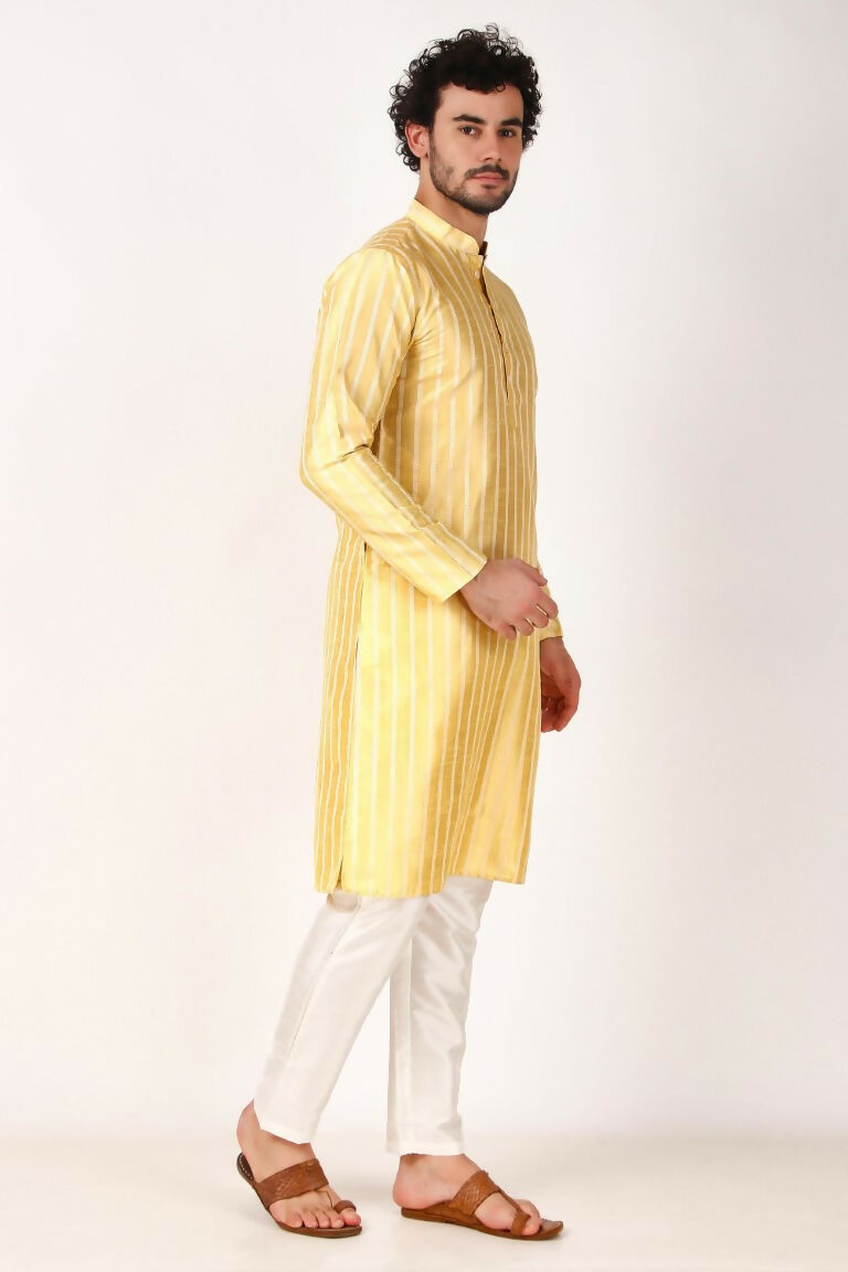 Lemon Art Silk Woven Designer Men's Rajwadi Kurta Set - Mahotsav | Grocsy