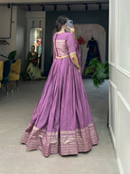 Lorenvalley Lavender Pure Chanderi Plain With Zari Weaving Work Border Lehenga Choli | Grocsy