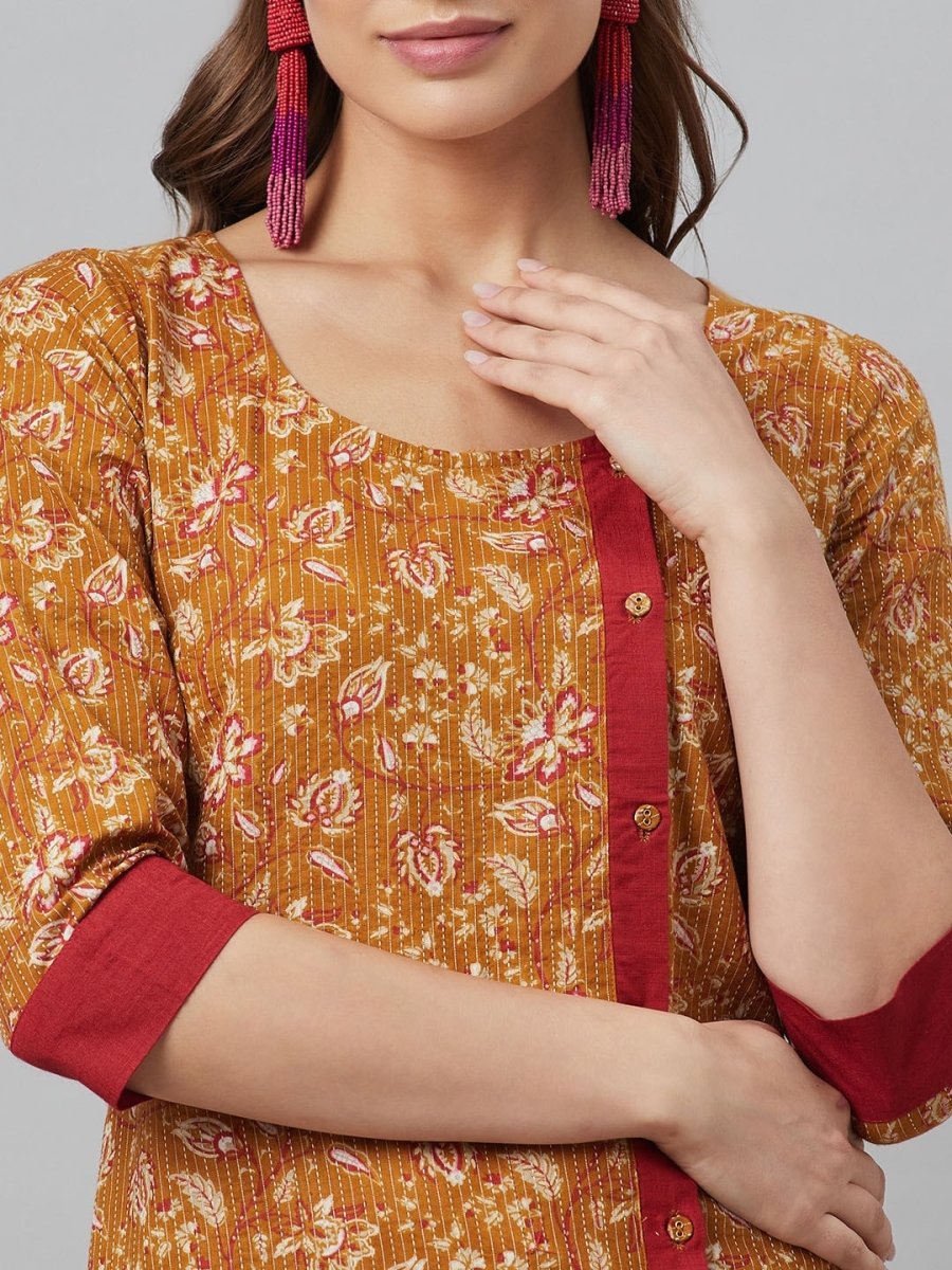 Aks Floral Printed Round Neck A-Line Kurta | Grocsy