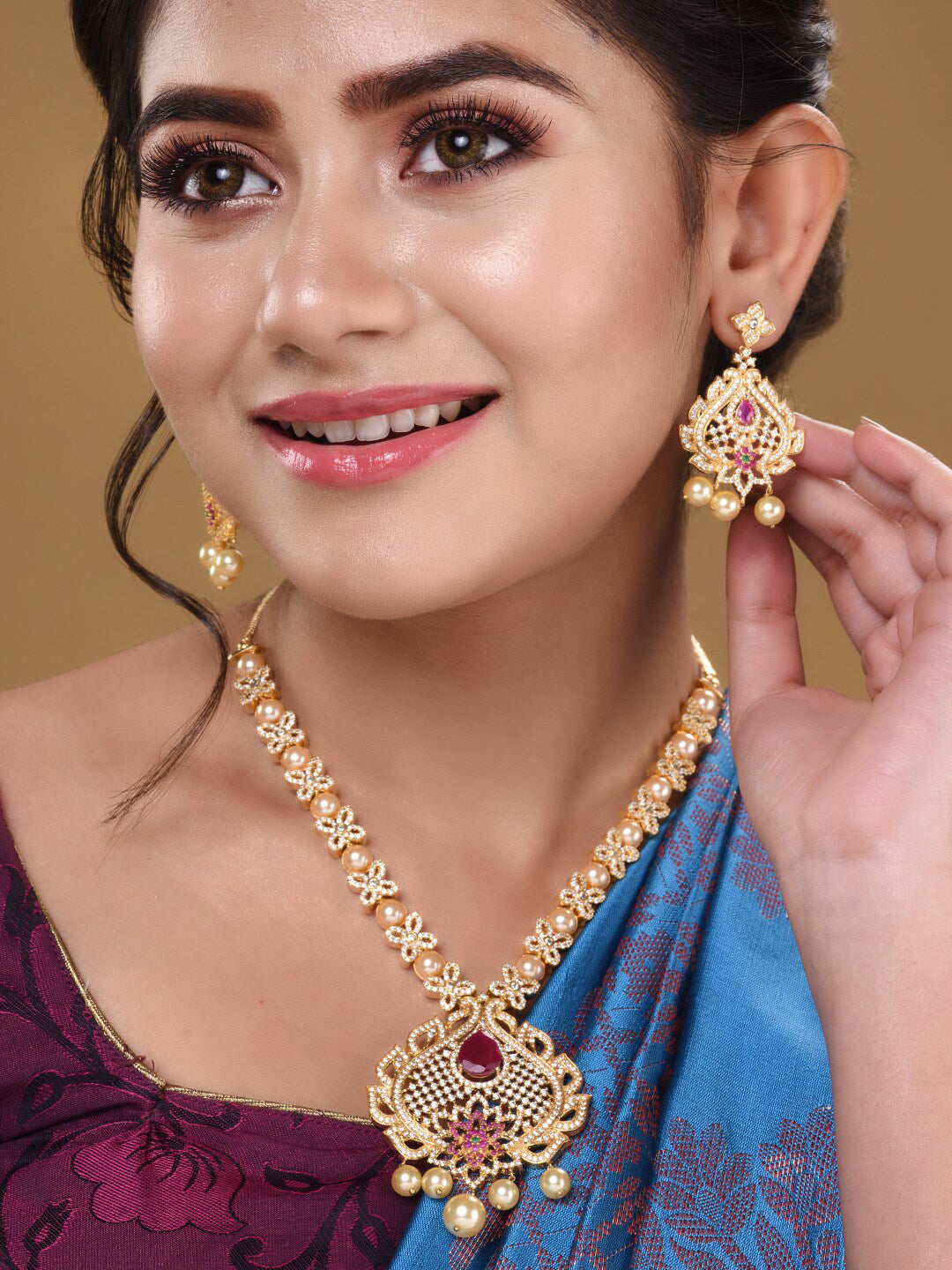 Saraf RS Jewellery Gold-Polished White & Pink American Diamond Studded & Beaded Handcrafted Jewellery Set | Grocsy