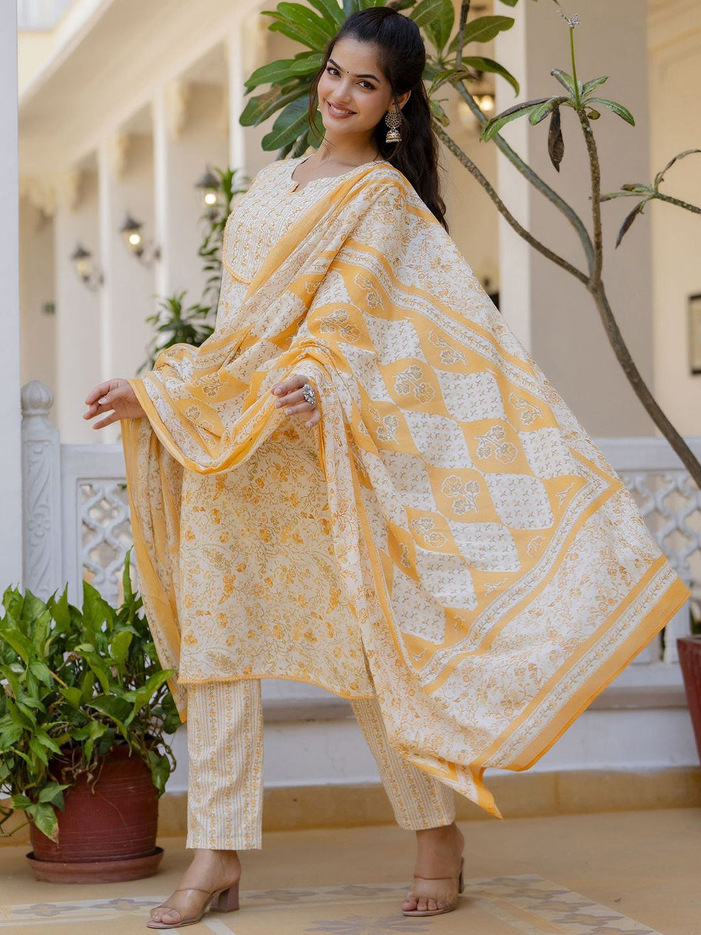 Anouk Women Floral Printed Regular Aari Work Pure Cotton Kurta with Palazzos & With Dupatta | Grocsy