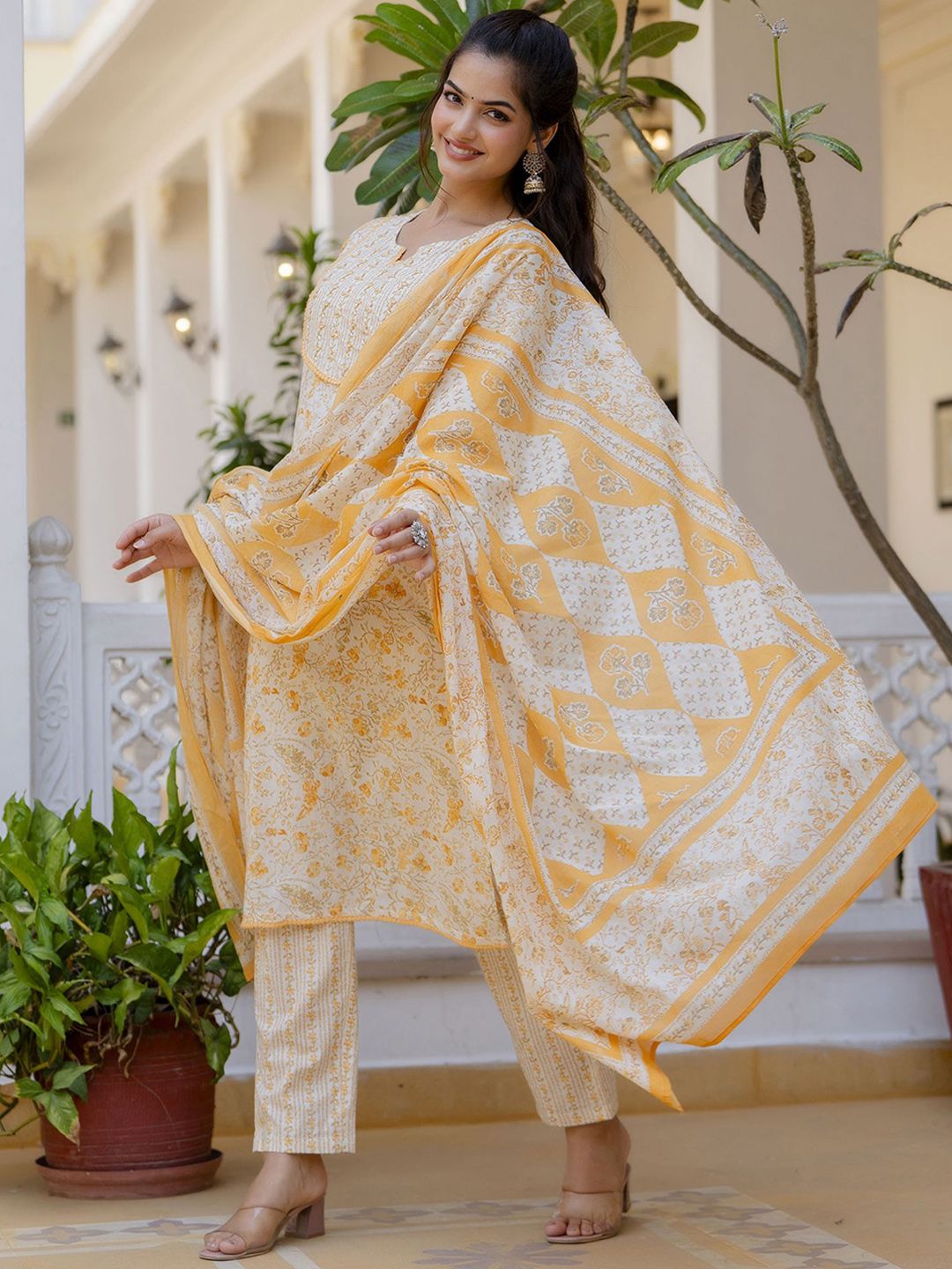 Anouk Women Floral Printed Regular Aari Work Pure Cotton Kurta with Palazzos & With Dupatta | Grocsy
