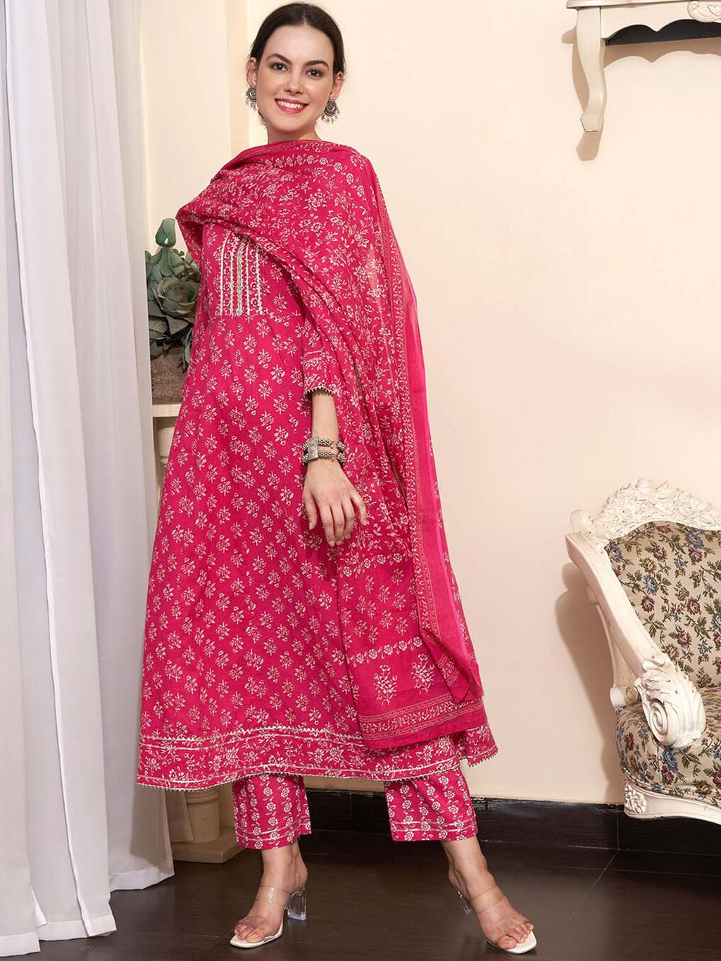 Sangria Printed & Embroidered Pure Cotton A-Line Kurta With Trouser & Dupatta | Grocsy