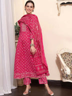 Sangria Printed & Embroidered Pure Cotton A-Line Kurta With Trouser & Dupatta | Grocsy