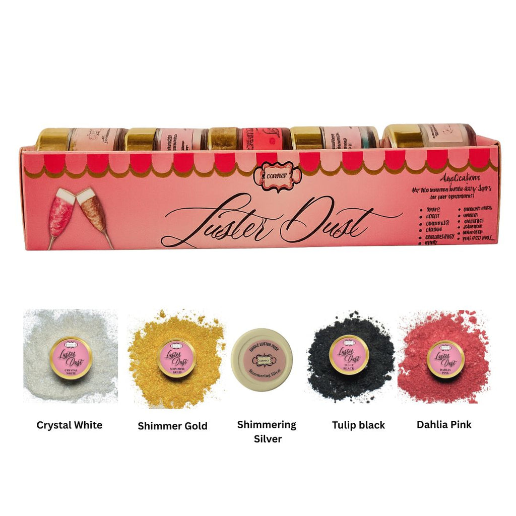 Confect Edible Luster Dust – Pack of 5 | Black, White, Silver, Pink, Gold | | Grocsy
