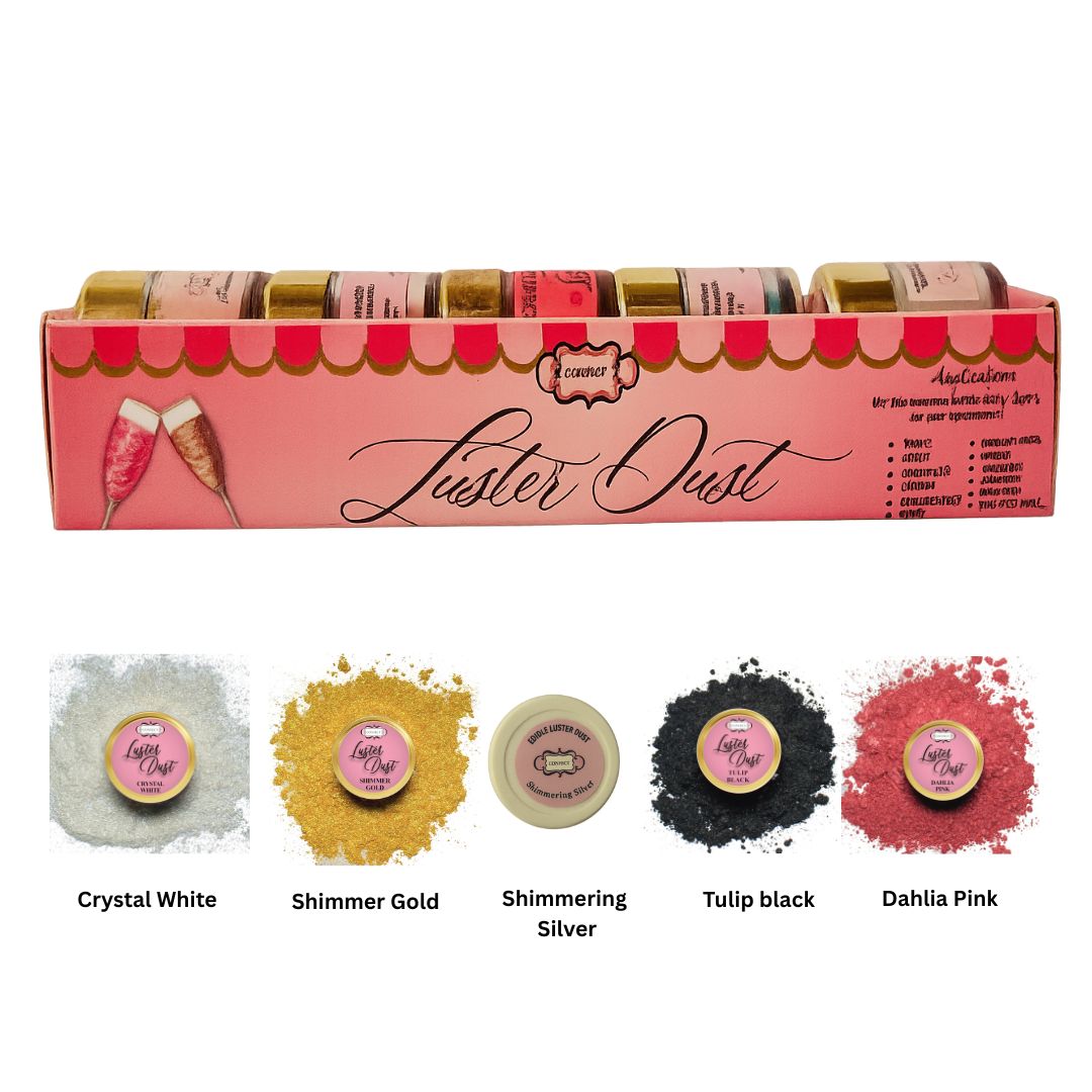 Confect Edible Luster Dust – Pack of 5 | Black, White, Silver, Pink, Gold | | Grocsy