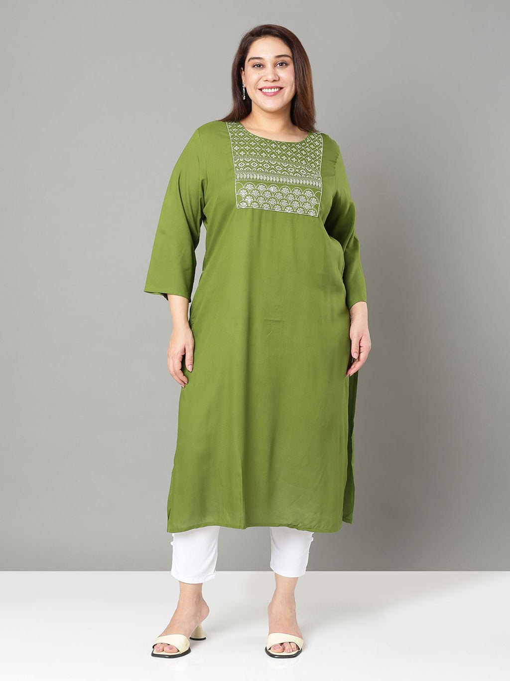 Sztori Plus Size Floral Yoke Design Thread Work Straight Kurta | Grocsy