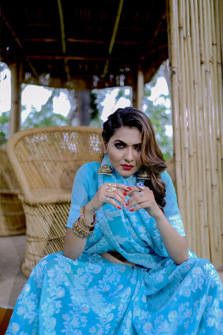 Partywear Designer Sky Blue Jamdani contton Fancy Saree - Starwalk | Grocsy