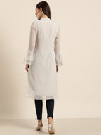 All About You Women Grey Bell Sleeves Yoke Design Thread Work Dobby Kurta | Grocsy