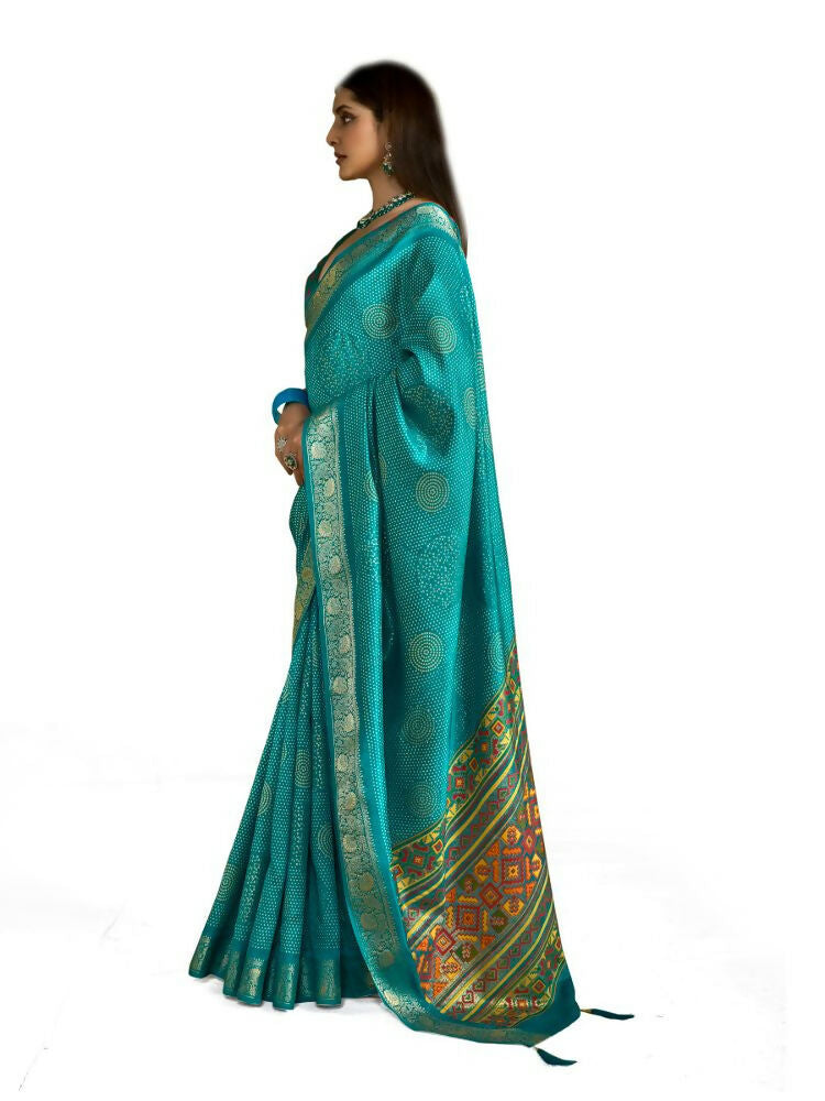 Joban Fashion Sea Green Velvet Tussar Silk with Foil Print Saree | Grocsy