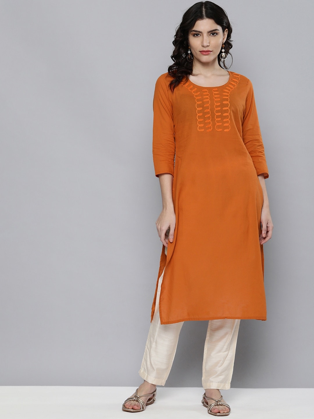 HERE&NOW Women Orange Embroidered Kurta | Grocsy