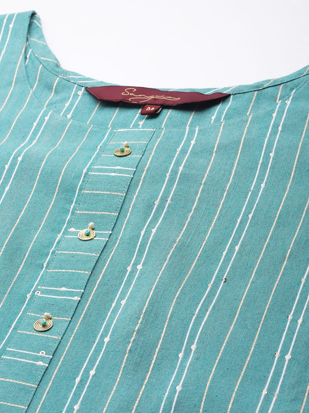 Sangria Women Sea Green & White Striped Sequin Detail Kurta | Grocsy