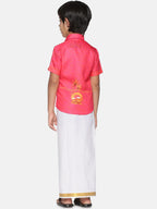 Sethukrishna Boys Pink & White Printed Shirt With Pure Cotton Dhoti Pants | Grocsy
