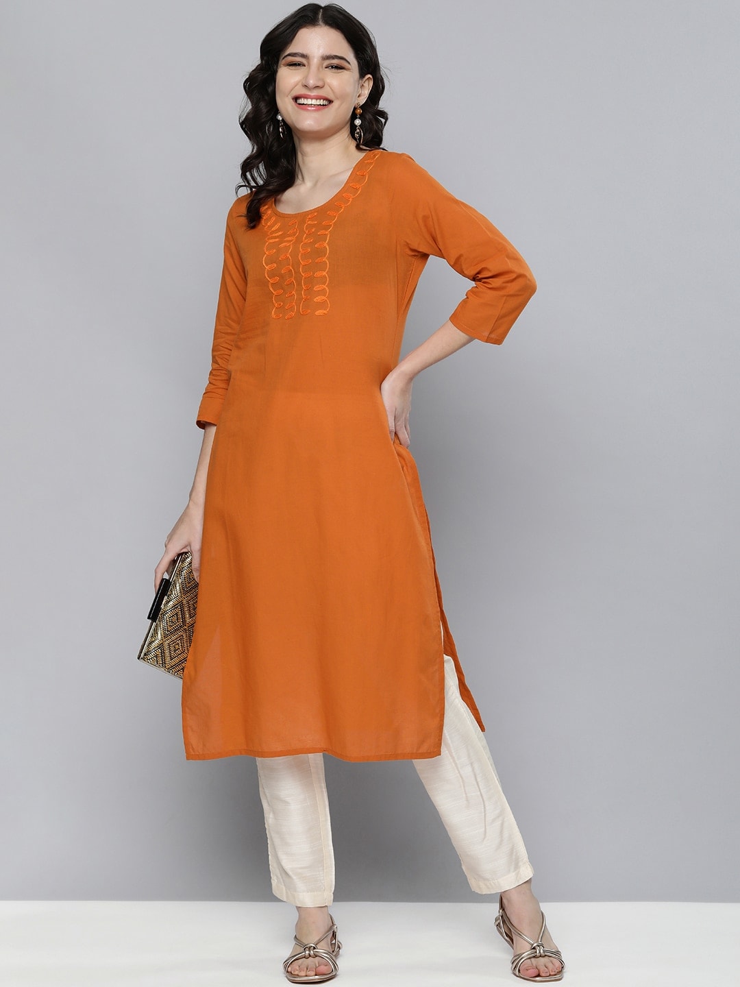 HERE&NOW Women Orange Embroidered Kurta | Grocsy
