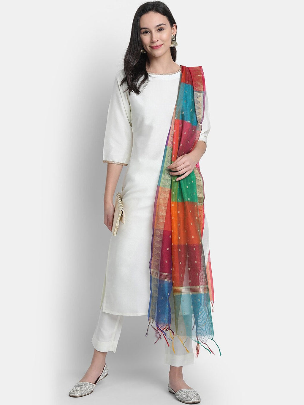 Janasya Women White Solid Kurta with Trousers & Dupatta | Grocsy
