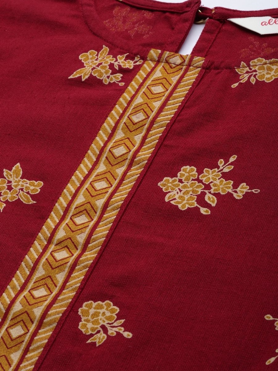 All About You Women Maroon & Mustard Yellow Floral Printed Pure Cotton Kurta with Trousers | Grocsy