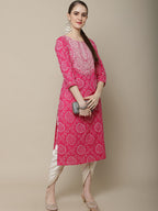 Sangria Women Pink & White Bandhani Printed Thread Work Kurta | Grocsy
