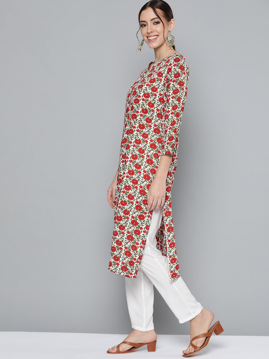 HERE&NOW Women Red & Green Floral Print Kurta | Grocsy
