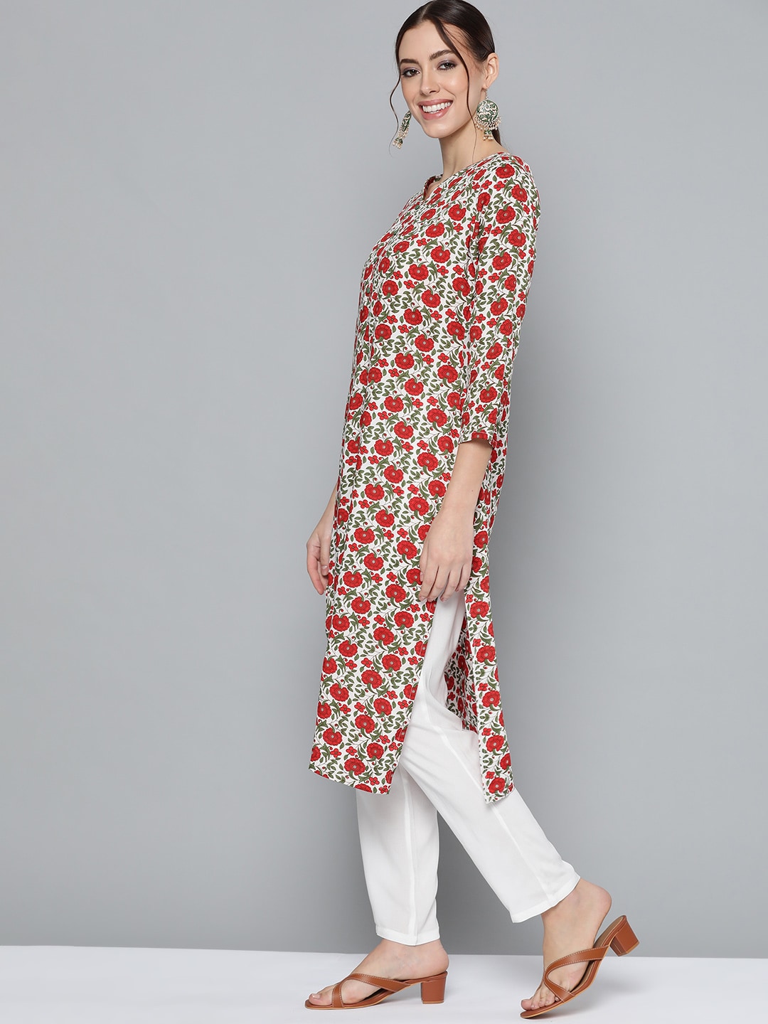 HERE&NOW Women Red & Green Floral Print Kurta | Grocsy