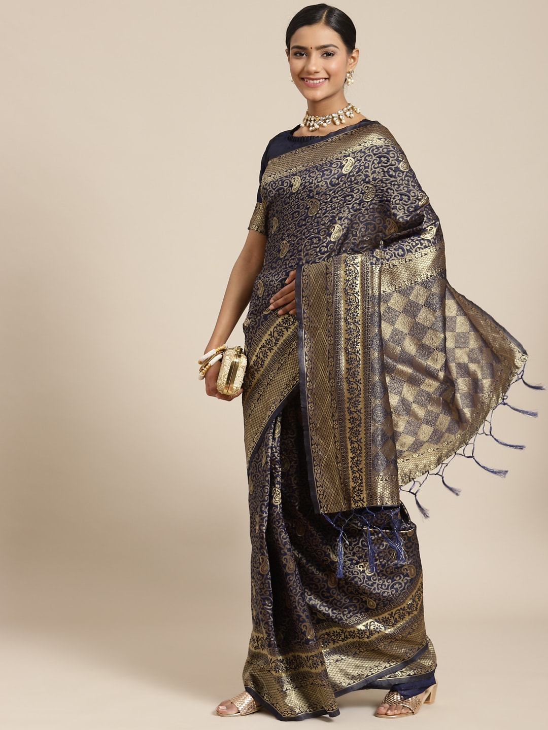 Saree Mall Navy Blue & Gold-Toned Ethnic Motifs Zari Silk Blend Banarasi Sarees | Grocsy