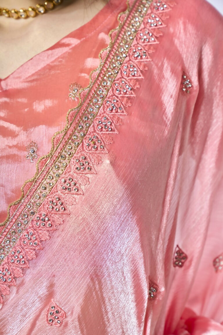 Coral Burburry silk Designer Embroidery Work Saree - Shezlin | Grocsy