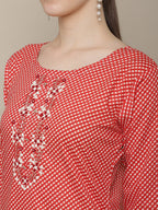 Sangria Women Red & White Cotton Checked Yoke Design Thread Work Kurta | Grocsy