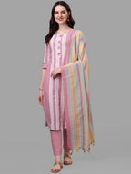 HERE&NOW Pink & White Striped Pure Cotton Kurta With Trousers & Dupatta | Grocsy
