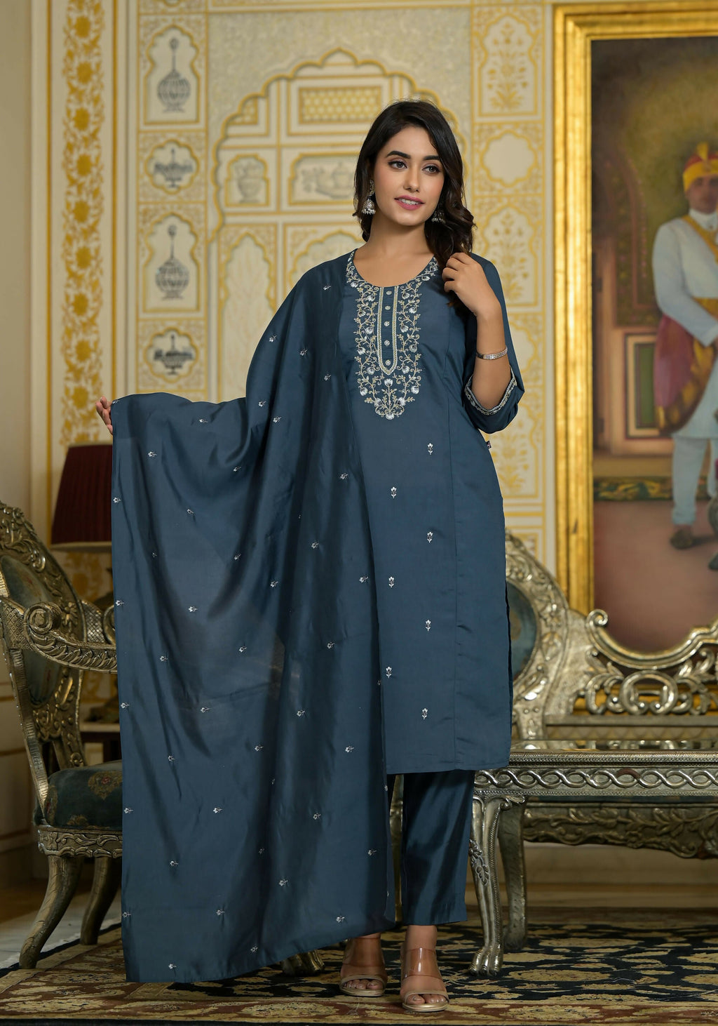 Juniper Women's Grey Thread & Zari Embroidered Viscose Kurta Pant And Dupatta Set | Grocsy