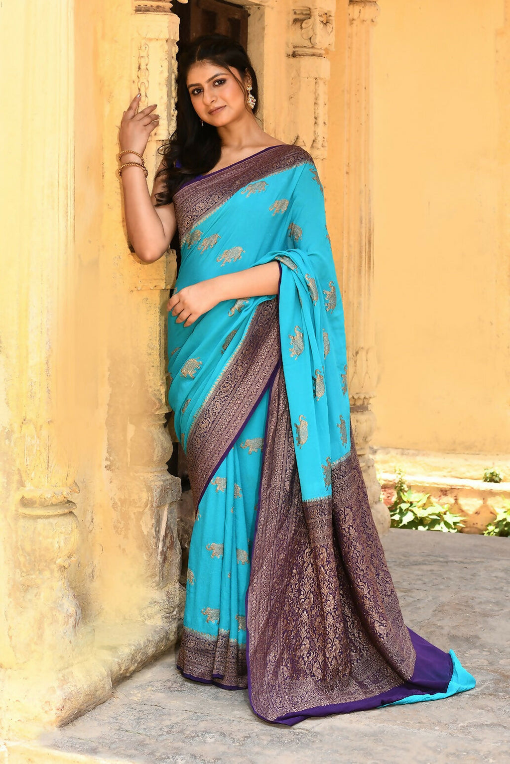 Joban Fashion Sky Blue Crepe Chiffon Pure Handloom Banarasi Silk Saree | Grocsy