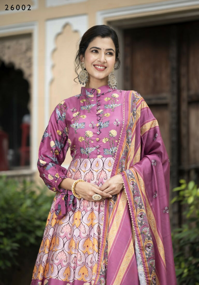 Wedding Designer Purple Soft Dola Silk Anarkali suit with Dupatta - Samanta | Grocsy
